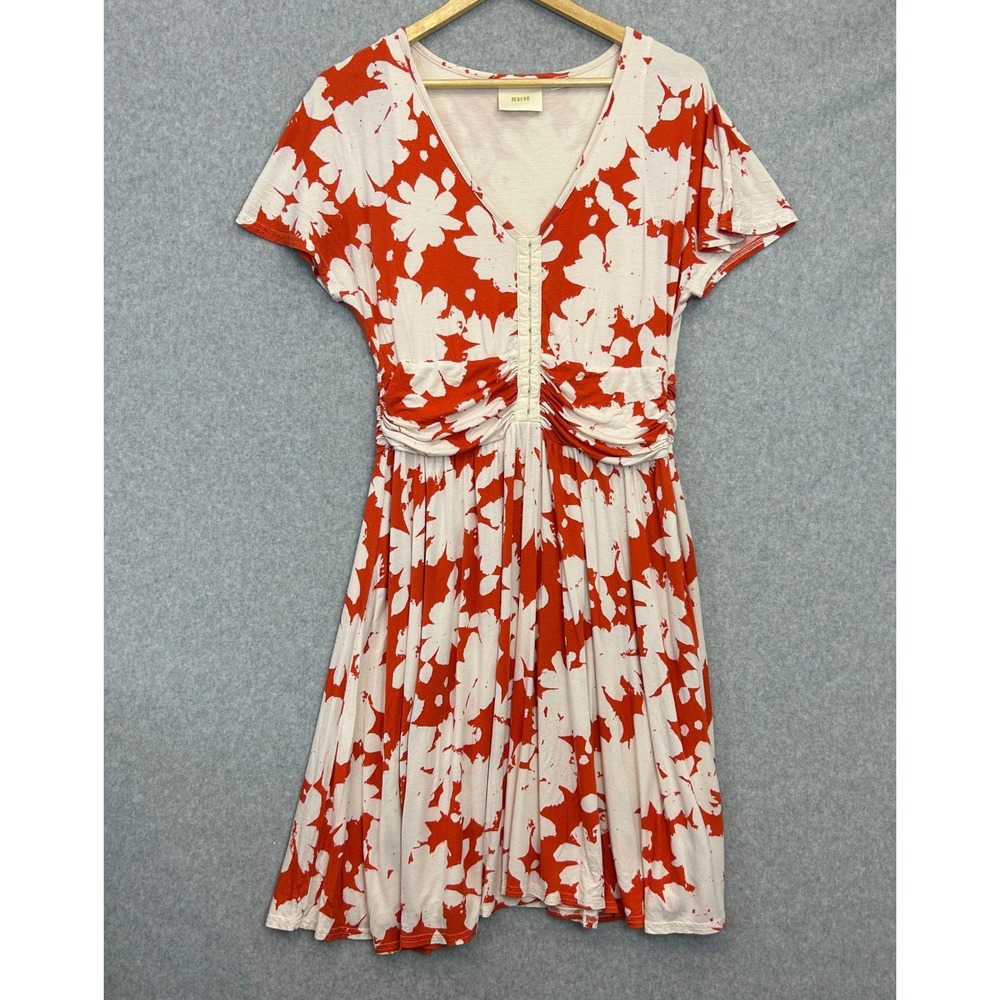 Maeve Anthro Large Summer Breeze Dress Floral Ruched Waist V-Neck Orange Cream